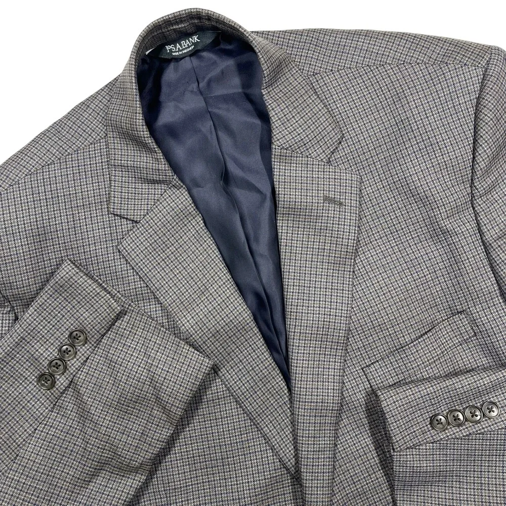 Jos A Bank Traditional Fit Wool Blazer Mens 46R Grey Blue Houndstooth Sport Coat